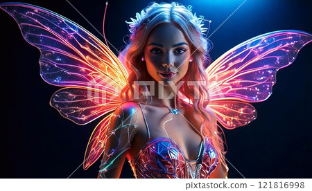 Neon fairy with vibrant wings illuminates a magical night setting 121816998