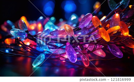 Colorful neon garland twinkling in low light for festive decoration 121816999