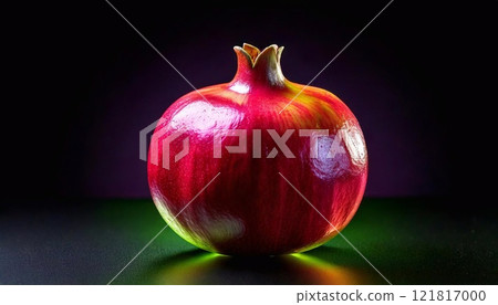 Vibrant neon garnet fruit illuminated against a dark background enhancing its glossy texture 121817000