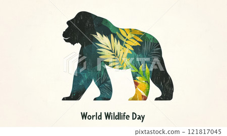 Minimalist design featuring a black and green gorilla silhouette promoting World Wildlife Day for wildlife awareness 121817045