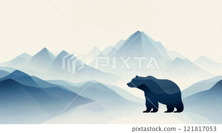 A bear silhouette against blue mountains blends geometric shapes in a minimalist wildlife design 121817053