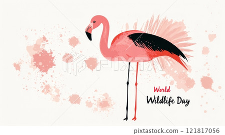 A pink flamingo silhouette elegantly highlights the significance of World Wildlife Day with a minimalistic design 121817056