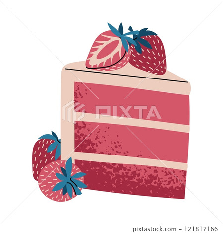 Piece of cake with strawberry in flat cartoon style. Delicious dessert on white background. Vector illustration for Valentine's day for cards, stickers, banners, etc. Piece of cake with strawberry in flat cartoon style. Delicious dessert on white background. Vector illustration for Valentine's day for cards, stickers, banners, etc. 121817166
