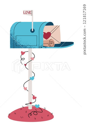 Mailbox with letters in flat cartoon style. Letters with love confessions on white background. Vector illustration for Valentine's Day for cards, stickers, banners, etc. 121817169