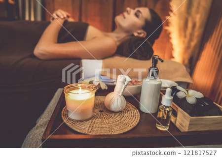 Aromatherapy massage ambiance or spa salon composition setup. Quiescent 121817527