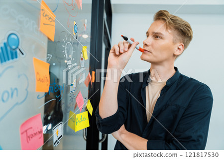 Male leader write and share idea by using mind map and sticky notes. Immaculate. Male leader write and share idea by using mind map and sticky notes. Immaculate. 121817530