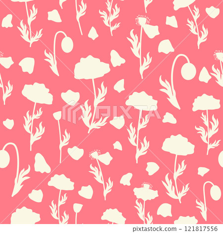 bicolor contour silhouette seamless pattern with poppy flowers and leaves. Abstract floral spring, summer pattern bicolor contour silhouette seamless pattern with poppy flowers and leaves. Abstract floral spring, summer pattern 121817556