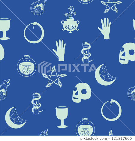 Silhouettes Magic symbols seamless pattern, with magical elements such as snake, eye, tarot cards, hand, skull. Witchcraft theme symbols and elements Silhouettes Magic symbols seamless pattern, with magical elements such as snake, eye, tarot cards, hand, skull. Witchcraft theme symbols and elements 121817600