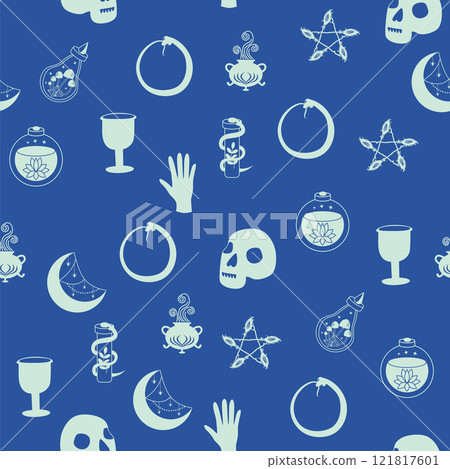 Silhouettes Magic symbols seamless pattern, with magical elements such as snake, eye, tarot cards, hand, skull. Witchcraft theme symbols and elements 121817601