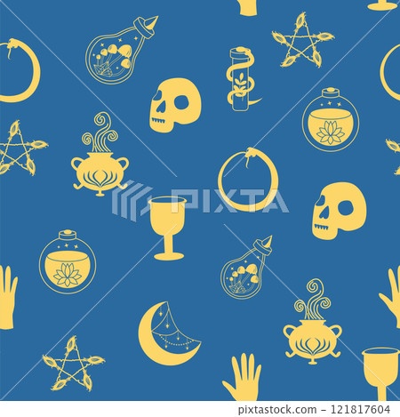 Silhouettes Magic symbols seamless pattern, with magical elements such as snake, eye, tarot cards, hand, skull. Witchcraft theme symbols and elements Silhouettes Magic symbols seamless pattern, with magical elements such as snake, eye, tarot cards, hand, skull. Witchcraft theme symbols and elements 121817604