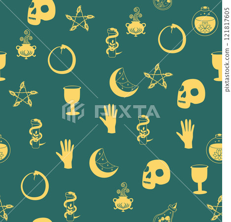Silhouettes Magic symbols seamless pattern, with magical elements such as snake, eye, tarot cards, hand, skull. Witchcraft theme symbols and elements Silhouettes Magic symbols seamless pattern, with magical elements such as snake, eye, tarot cards, hand, skull. Witchcraft theme symbols and elements 121817605