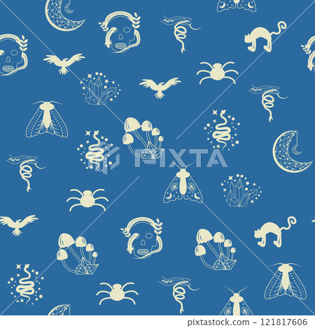 Silhouettes Magic symbols seamless pattern, with magical elements such as snake, eye, tarot cards, hand, skull. Witchcraft theme symbols and elements 121817606