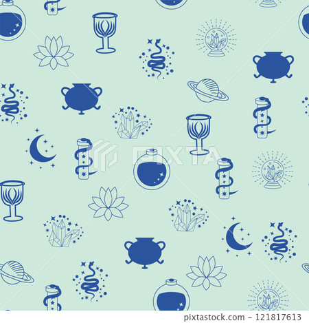 Silhouettes Magic symbols seamless pattern, with magical elements such as snake, eye, tarot cards, hand, skull. Witchcraft theme symbols and elements 121817613