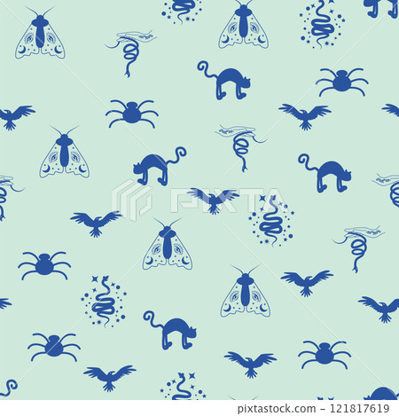 Silhouettes Magic symbols seamless pattern, with magical elements such as snake, eye, tarot cards, hand, skull. Witchcraft theme symbols and elements 121817619