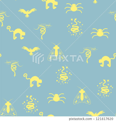 Silhouettes Magic symbols seamless pattern, with magical elements such as snake, eye, tarot cards, hand, skull. Witchcraft theme symbols and elements 121817620