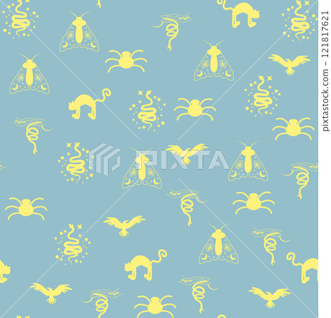 Silhouettes Magic symbols seamless pattern, with magical elements such as snake, eye, tarot cards, hand, skull. Witchcraft theme symbols and elements Silhouettes Magic symbols seamless pattern, with magical elements such as snake, eye, tarot cards, hand, skull. Witchcraft theme symbols and elements 121817621