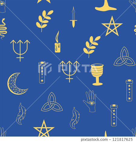 Silhouettes Magic symbols seamless pattern, with magical elements such as snake, eye, tarot cards, hand, skull. Witchcraft theme symbols and elements 121817625