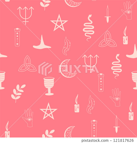 Silhouettes Magic symbols seamless pattern, with magical elements such as snake, eye, tarot cards, hand, skull. Witchcraft theme symbols and elements 121817626