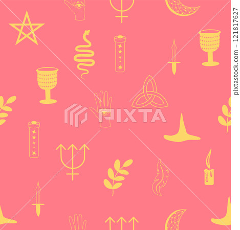 Silhouettes Magic symbols seamless pattern, with magical elements such as snake, eye, tarot cards, hand, skull. Witchcraft theme symbols and elements Silhouettes Magic symbols seamless pattern, with magical elements such as snake, eye, tarot cards, hand, skull. Witchcraft theme symbols and elements 121817627