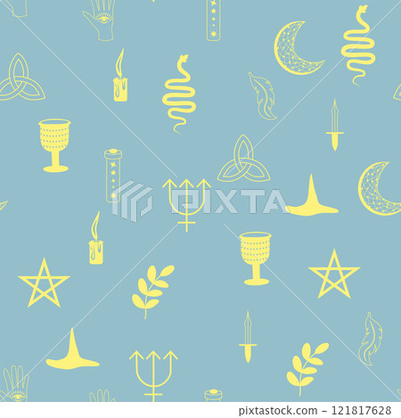 Silhouettes Magic symbols seamless pattern, with magical elements such as snake, eye, tarot cards, hand, skull. Witchcraft theme symbols and elements 121817628