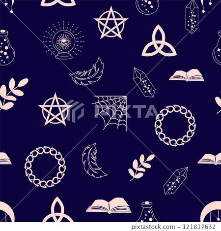 Silhouettes Magic symbols seamless pattern, with magical elements such as snake, eye, tarot cards, hand, skull. Witchcraft theme symbols and elements Silhouettes Magic symbols seamless pattern, with magical elements such as snake, eye, tarot cards, hand, skull. Witchcraft theme symbols and elements 121817632