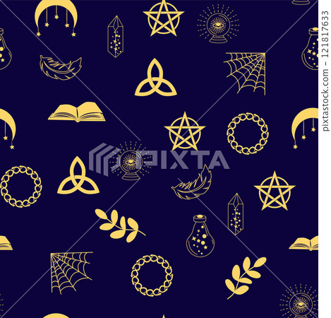 Silhouettes Magic symbols seamless pattern, with magical elements such as snake, eye, tarot cards, hand, skull. Witchcraft theme symbols and elements Silhouettes Magic symbols seamless pattern, with magical elements such as snake, eye, tarot cards, hand, skull. Witchcraft theme symbols and elements 121817633