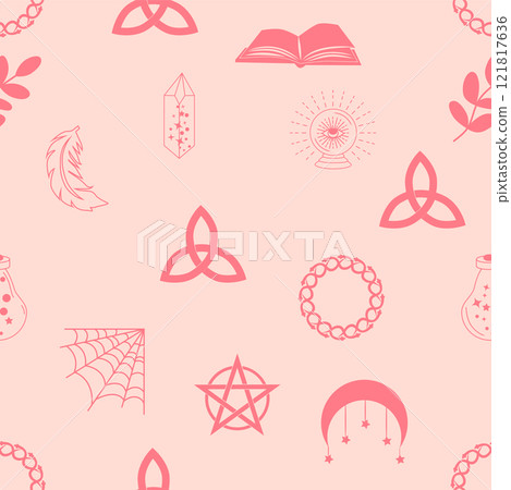 Silhouettes Magic symbols seamless pattern, with magical elements such as snake, eye, tarot cards, hand, skull. Witchcraft theme symbols and elements Silhouettes Magic symbols seamless pattern, with magical elements such as snake, eye, tarot cards, hand, skull. Witchcraft theme symbols and elements 121817636
