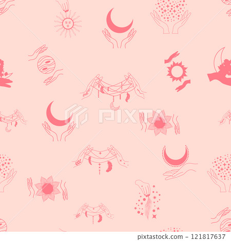 Silhouettes Magic symbols seamless pattern, with magical elements such as snake, eye, tarot cards, hand, skull. Witchcraft theme symbols and elements Silhouettes Magic symbols seamless pattern, with magical elements such as snake, eye, tarot cards, hand, skull. Witchcraft theme symbols and elements 121817637