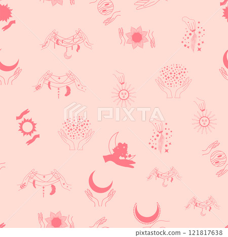 Silhouettes Magic symbols seamless pattern, with magical elements such as snake, eye, tarot cards, hand, skull. Witchcraft theme symbols and elements Silhouettes Magic symbols seamless pattern, with magical elements such as snake, eye, tarot cards, hand, skull. Witchcraft theme symbols and elements 121817638
