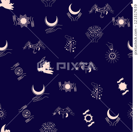 Silhouettes Magic symbols seamless pattern, with magical elements such as snake, eye, tarot cards, hand, skull. Witchcraft theme symbols and elements Silhouettes Magic symbols seamless pattern, with magical elements such as snake, eye, tarot cards, hand, skull. Witchcraft theme symbols and elements 121817639