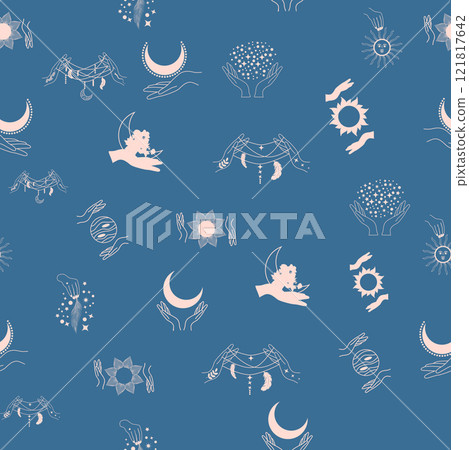 Silhouettes Magic symbols seamless pattern, with magical elements such as snake, eye, tarot cards, hand, skull. Witchcraft theme symbols and elements Silhouettes Magic symbols seamless pattern, with magical elements such as snake, eye, tarot cards, hand, skull. Witchcraft theme symbols and elements 121817642