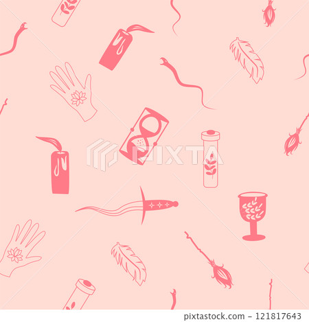 Silhouettes Magic symbols seamless pattern, with magical elements such as snake, eye, tarot cards, hand, skull. Witchcraft theme symbols and elements 121817643