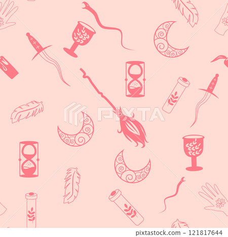 Silhouettes Magic symbols seamless pattern, with magical elements such as snake, eye, tarot cards, hand, skull. Witchcraft theme symbols and elements 121817644