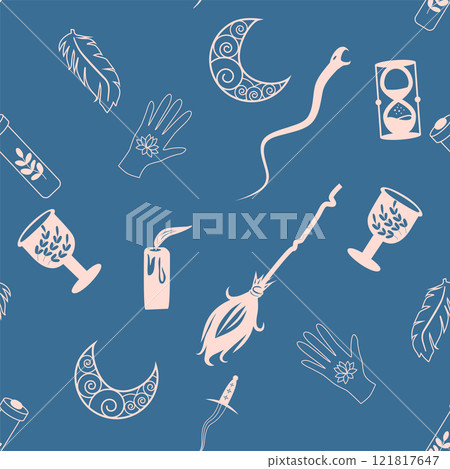 Silhouettes Magic symbols seamless pattern, with magical elements such as snake, eye, tarot cards, hand, skull. Witchcraft theme symbols and elements 121817647