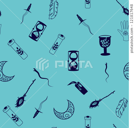 Silhouettes Magic symbols seamless pattern, with magical elements such as snake, eye, tarot cards, hand, skull. Witchcraft theme symbols and elements 121817648