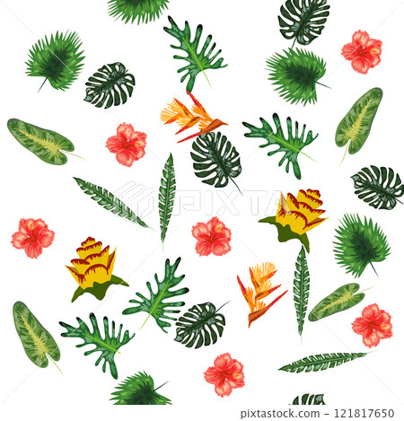 Hand drawn pink hibiscus flower tropical flowers and leaves seamless pattern for summer holiday 121817650