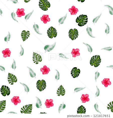 Hand drawn pink hibiscus flower tropical flowers and leaves seamless pattern for summer holiday 121817651