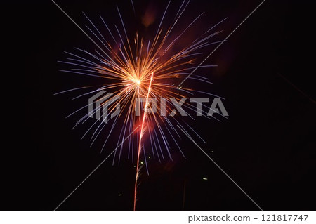 colorful celebrated fireworks bloom on dark sky in night colorful celebrated fireworks bloom on dark sky in night 121817747