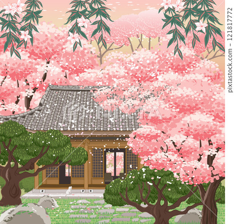 Traditional Korean Architecture - Hanok with Cherry Blossoms in a Serene Spring Garden, Poster-Style Vector Illustration 121817772