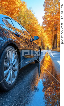 Car drive on autumn road in beautiful nature. Landscape on the highway in forest 121817797