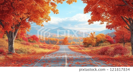 Car drive on autumn road in beautiful nature. Landscape on the highway in forest 121817834