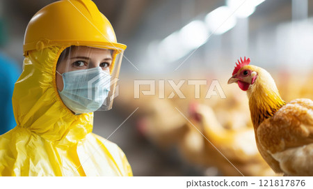 A farmer wearing protective gear inspects chickens in a biosecure farm setting 121817876