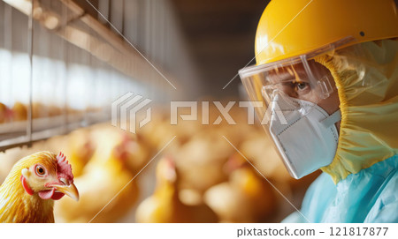 A farm worker in full protective gea inspects chickens in a biosecure facility 121817877