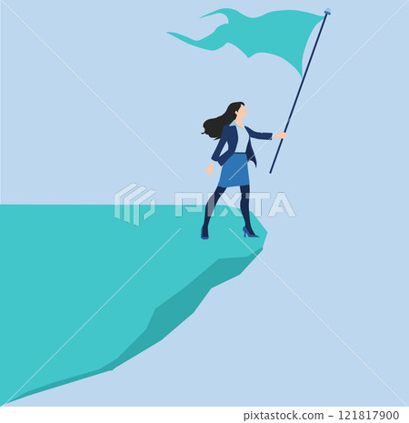 Illustration of a businesswoman holding a flag on top of a cliff 121817900