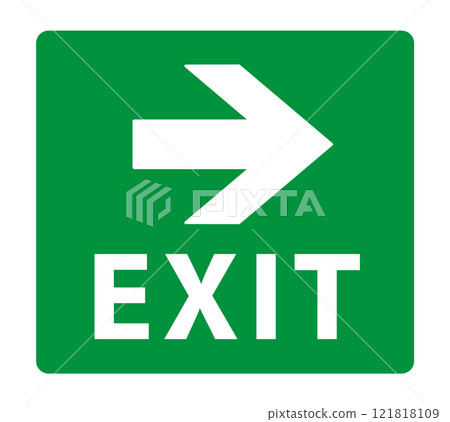 Emergency exit sign icon symbol. Green Fire safety exit sign logo. Running man and exit door sign. Vector illustration image. Isolated on white background. 121818109