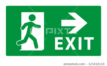 Emergency exit sign icon symbol. Green Fire safety exit sign logo. Running man and exit door sign. Vector illustration image. Isolated on white background. 121818110