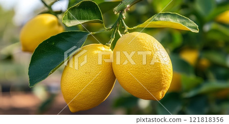 Bunches of fresh yellow ripe lemons on lemon tree branches in garden 121818356