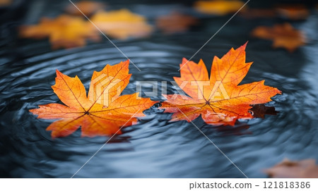 Vibrant Autumn Leaves on Water Background, ideal for seasonal designs and nature themes Generative AI 121818386