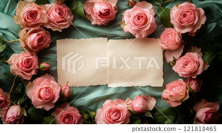 Roses on Silk Table with Papers, ideal for still life, floral arrangement, and home decor concepts Generative AI 121818465