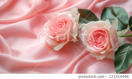 Delicate Pink Roses and Papers on a Silk Table, ideal for Valentine's Day, wedding, or feminine still life photography Generative AI 121818466